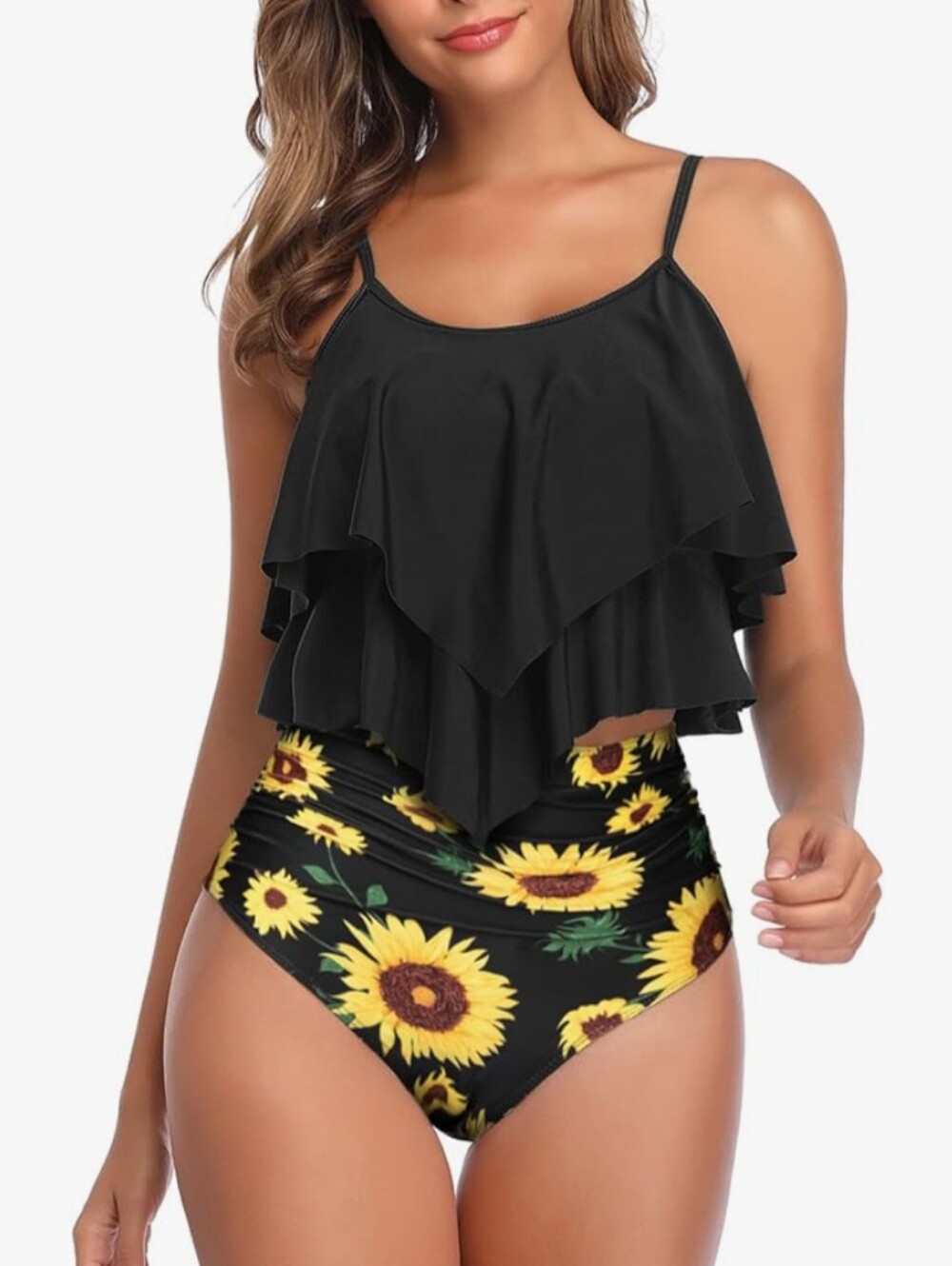 NWOT Black Ruffled Sunflower-Print Women’s Tankini Top